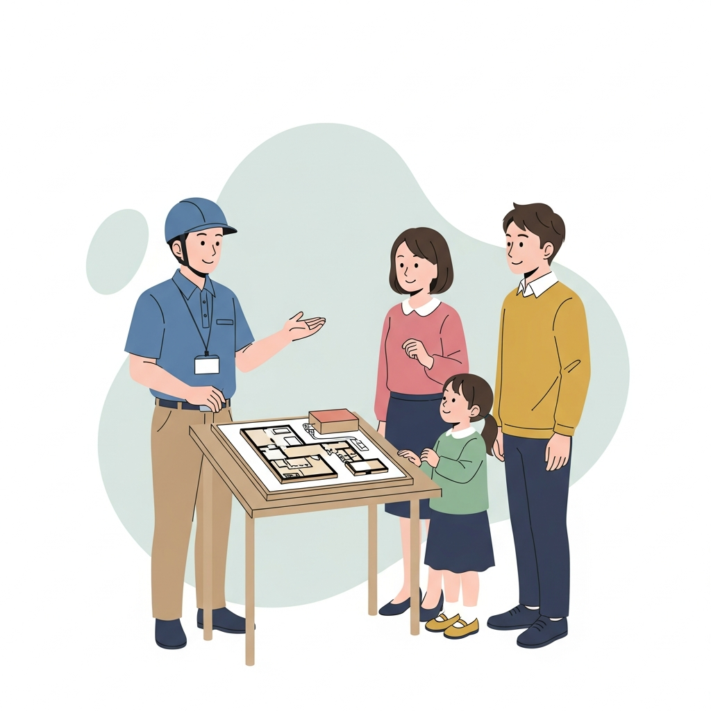 住宅展示場でご家族にプランを説明するハウスメーカーの営業担当